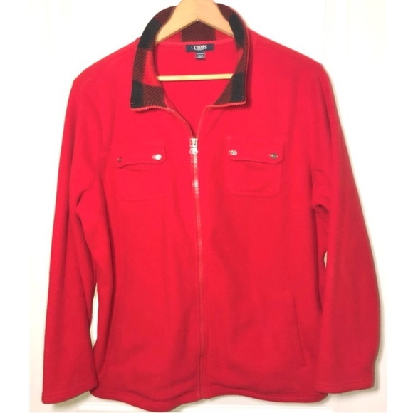 Chaps red fleece zip up jacket with buffalo plaid on collar 2X - Picture 3 of 8